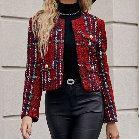 Jackets & Blazers - Classic Plaid Print Tweed Open Front Jacket Coat
